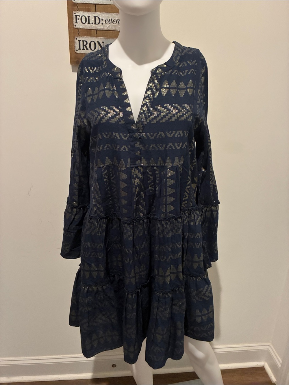 Elan Navy Dress with Metallic Geometric Accents